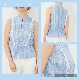 ANN TAYLOR WOMEN'S CHAMBRAY LACE TIE FRONT TOP L